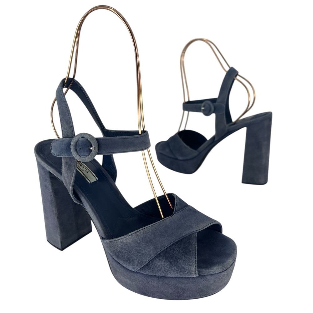 Prada Suede Crisscross Platform Sandals in Blue Size 40.5 - Picture 3 of 16